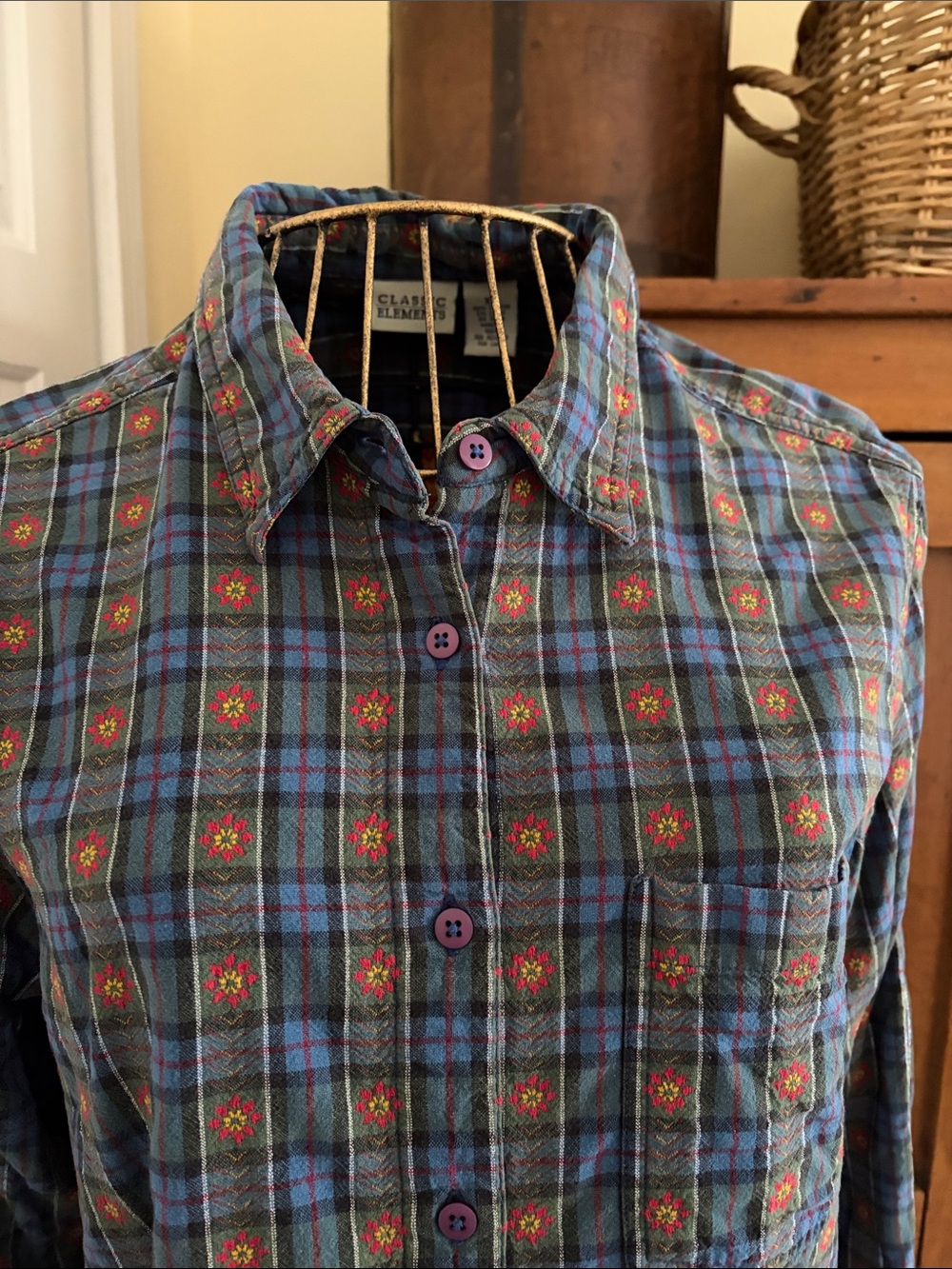 VINTAGE  Blue Floral Plaid Button Up Shirt MODERN MEDIUM